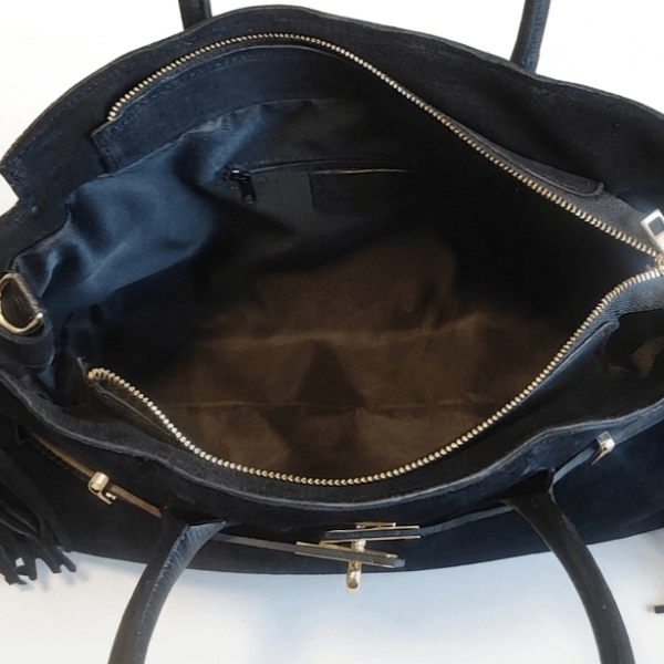 Internal common division with zip pocket on black suede bag