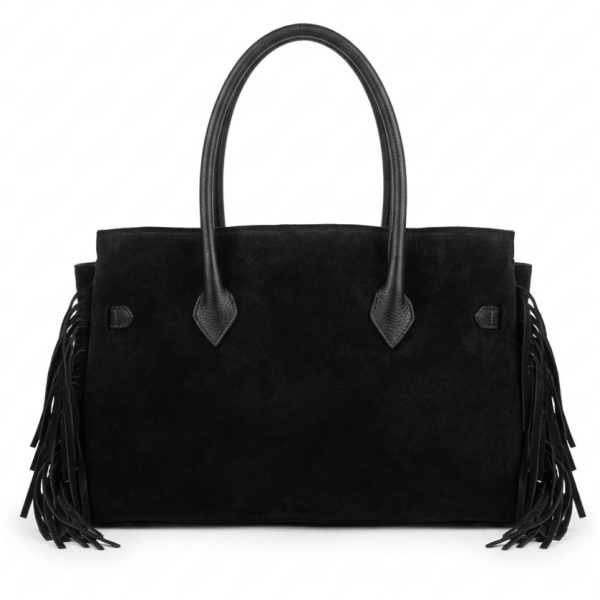Side view of a modern black suede bag with decorative fringe
