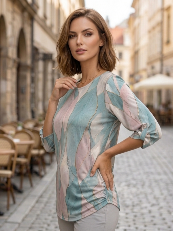 Елегантна полска блуза в цвят мента и розово големи размери