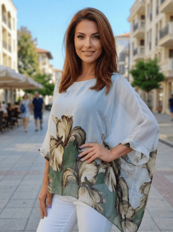 Elegant silk tunic in butter green with flowers, loose batwing cut for summer.