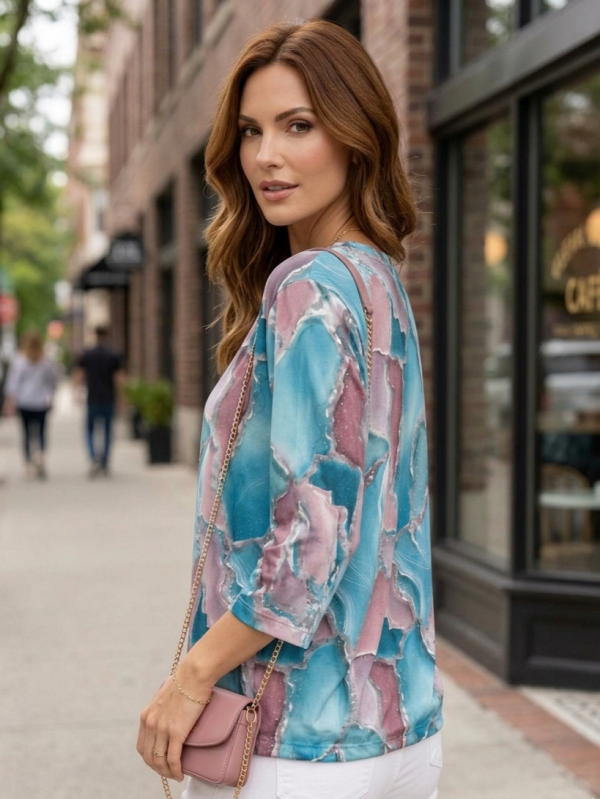 Заден изглед на дамска блуза с кристален принт в синьо и лилаво, модел с 3/4 ръкави.