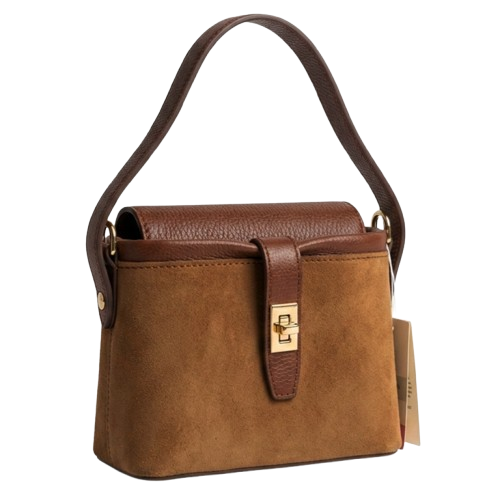 Велурена чанта в кафяво със златисти елементи