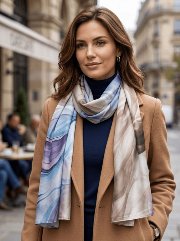 Elegant women's satin scarf with abstract design in blue and beige size 85 by 190 cm