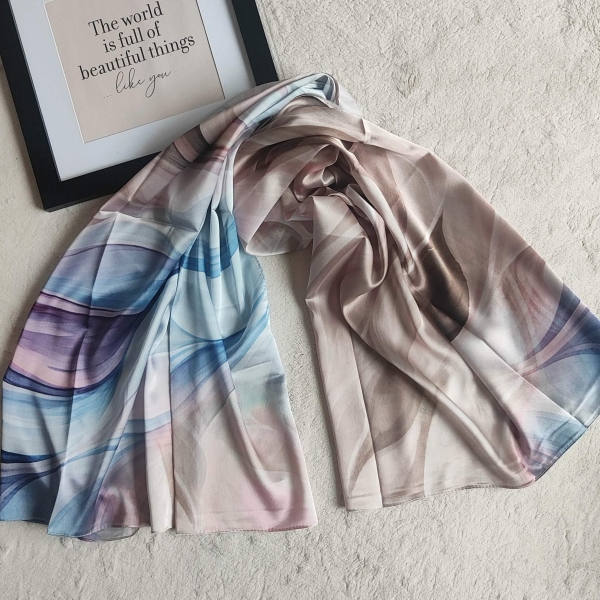 Elegant women's satin scarf with abstract design in blue and beige size 85 by 190 cm