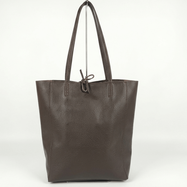 Elegant brown tote bag made of Italian genuine leather with a decorative leather strap.