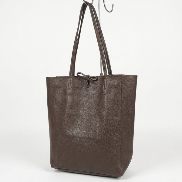 Brown women's bag-type handbag made of soft genuine leather with long shoulder handles.