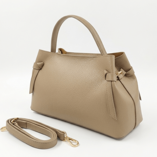 Taupe handbag with long leather strap, UNique Fashion