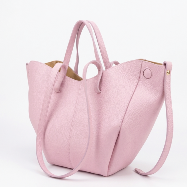 Large leather handbag with long shoulder strap and magnetic closure