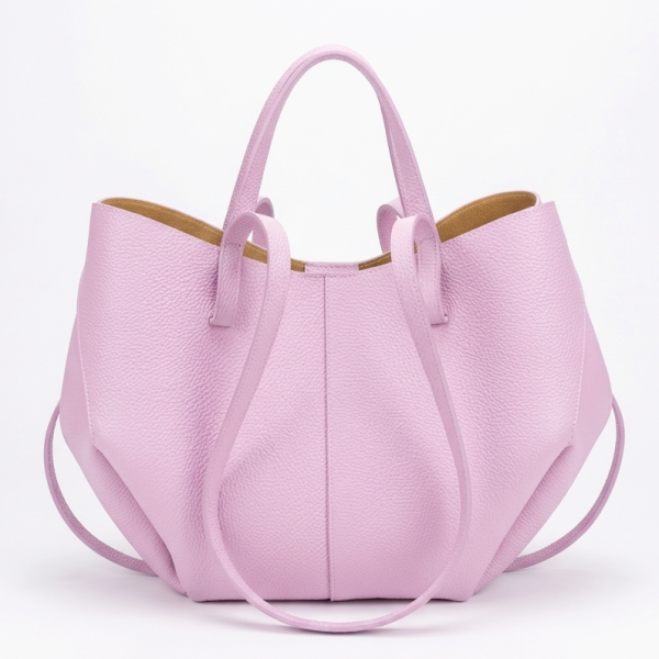 Large leather handbag with long shoulder strap and magnetic closure