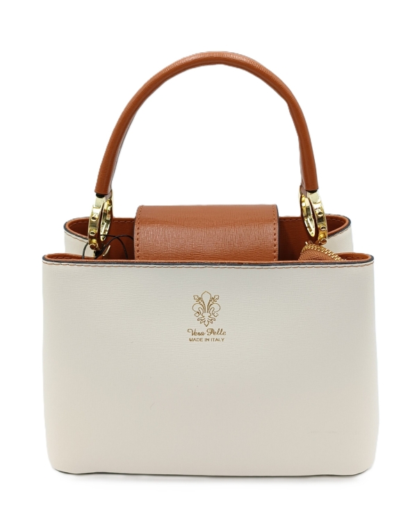 Елегантна чанта среден размер с дълга кожена презрамка цвят коняк