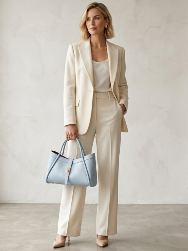 Елегантна жена със светлосиня ръчно изработена чанта от телешка кожа