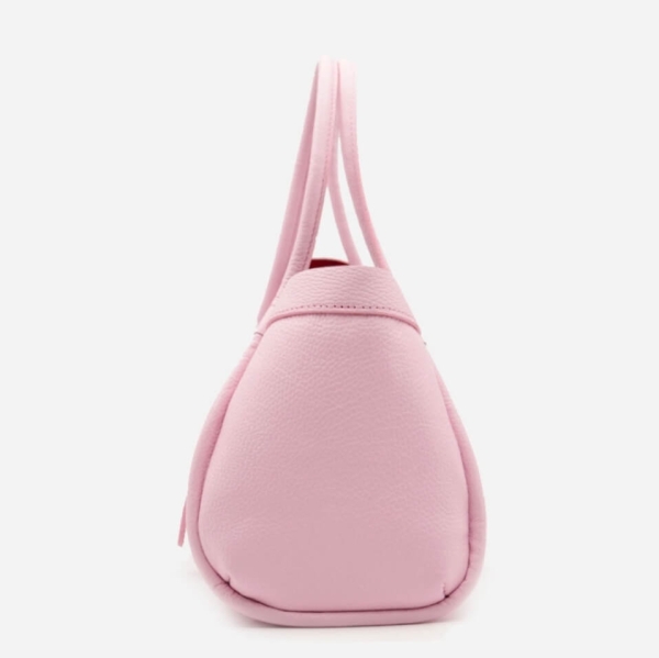 Side profile of a soft pink Italian bag
