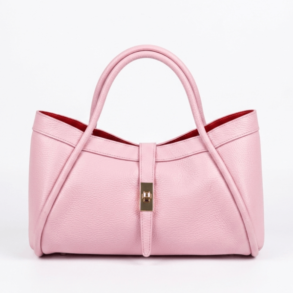 Pink leather bag front view handmade