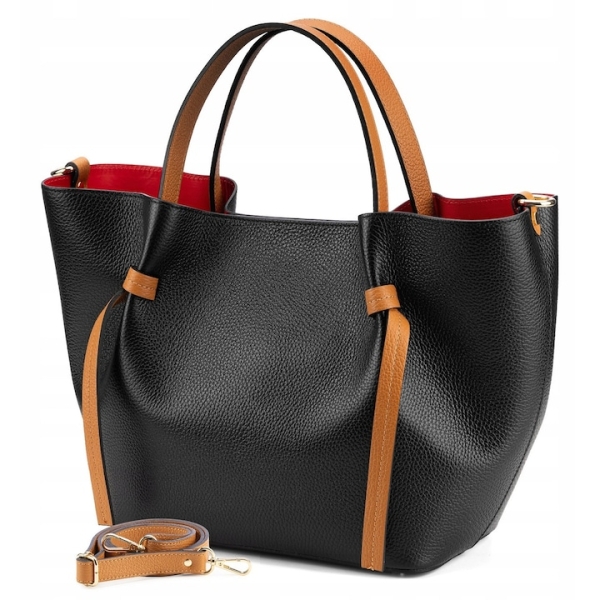 Black handbag with long adjustable shoulder strap, genuine leather