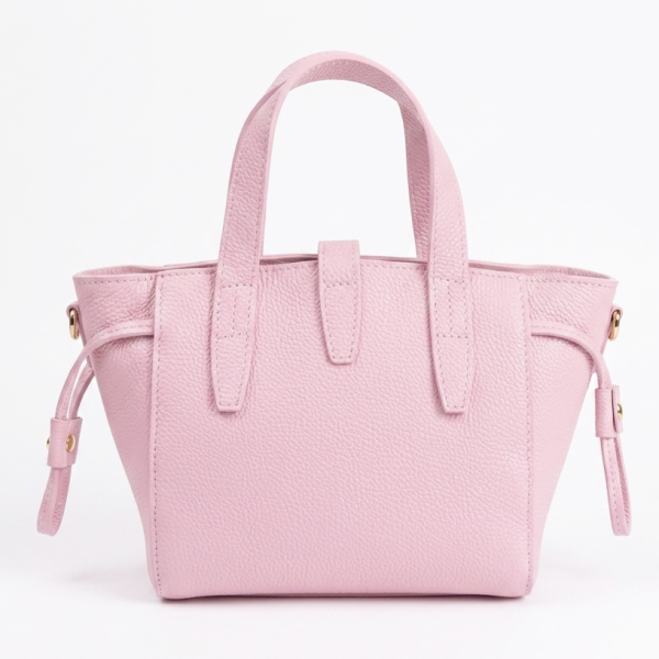 Back of a handbag in soft pink made of genuine leather with a clean design