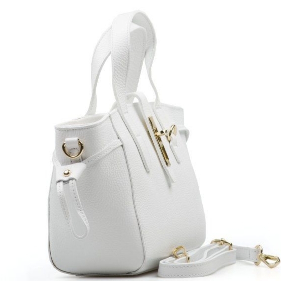 Side view of a snow-white bag made in Italy showing the metal hanging details