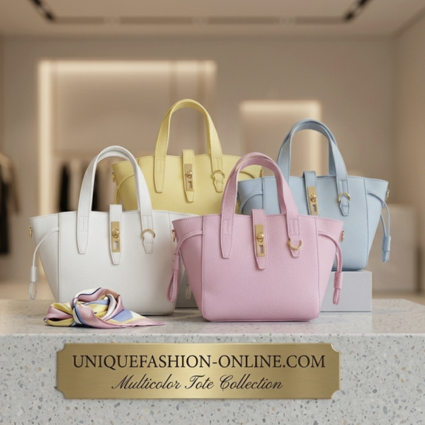 A collection of four elegant women's handbags made of genuine leather in white, yellow, pink and blue from uniquefashion-online