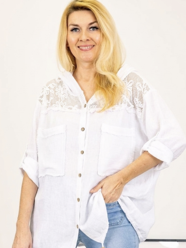 Women's Italian white linen tunic with hood and lace - front