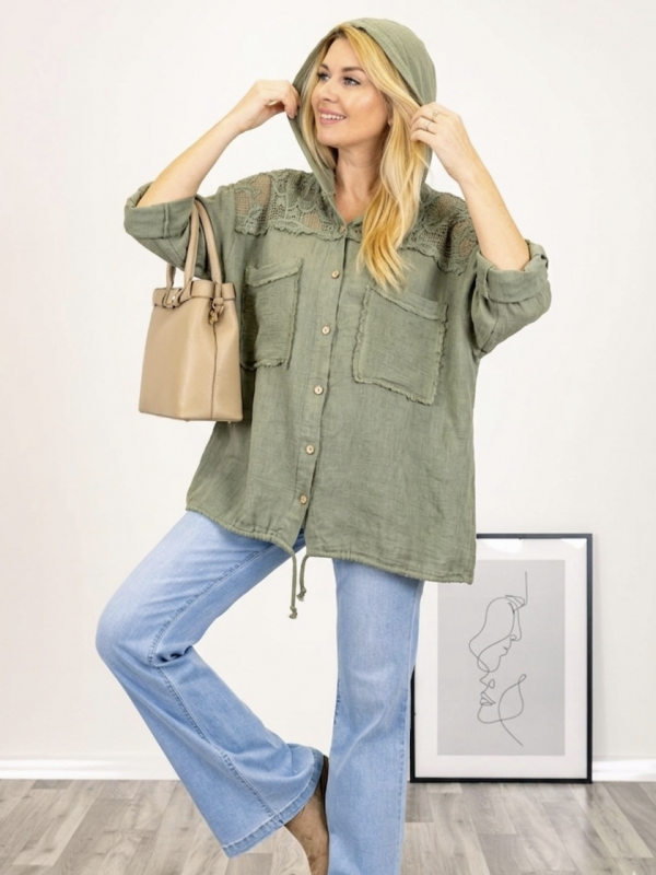 Linen tunic khaki with hood and lace | Up to 2XL | Unique Fashion