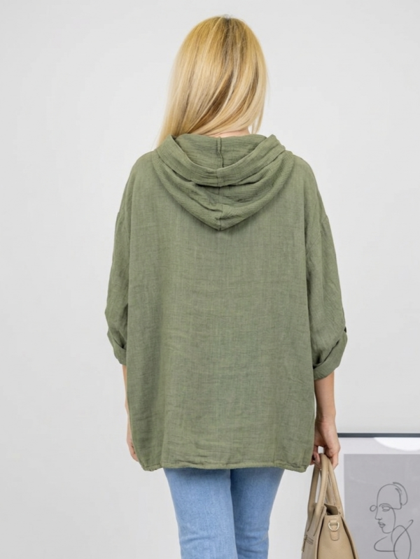 Linen tunic khaki with hood and lace | Up to 2XL | Unique Fashion
