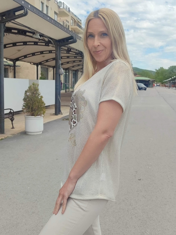 Elegant women's blouse with leopard heart and crystals "Like a Rose"