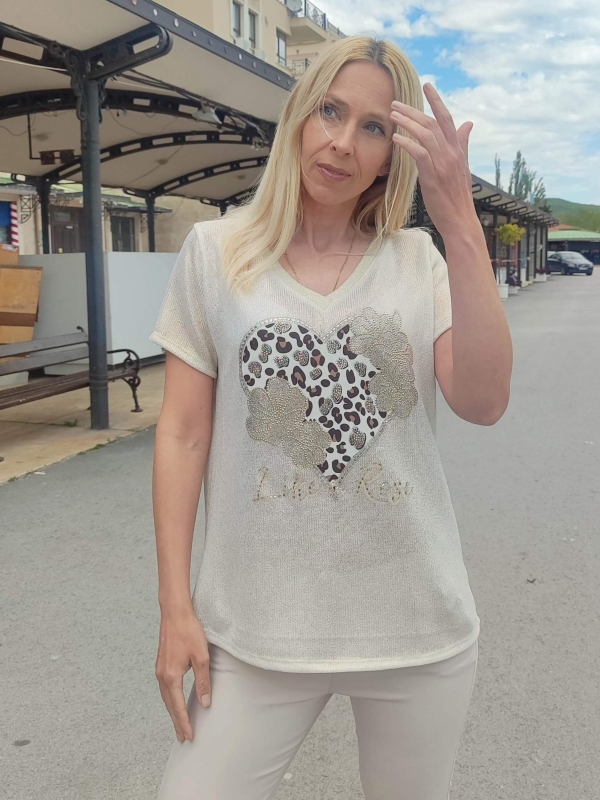 Elegant women's blouse with leopard heart and crystals "Like a Rose"