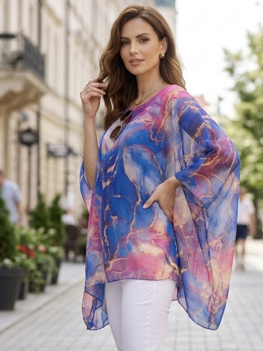 Дамска копринена туника с мраморен принт в синьо и цикламено | Unique Fashion