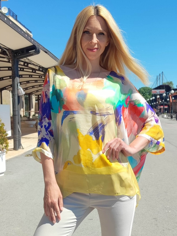 Women's airy silk blouse with abstract watercolor print in yellow