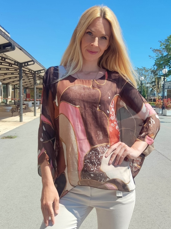 Women's Italian silk and viscose blouse with abstract print in brown and pink