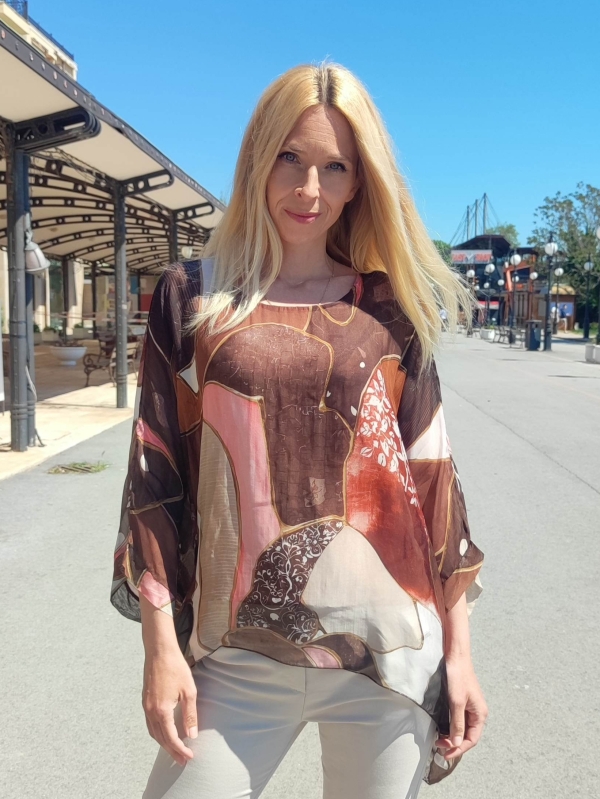 Women's Italian silk and viscose blouse with abstract print in brown and pink