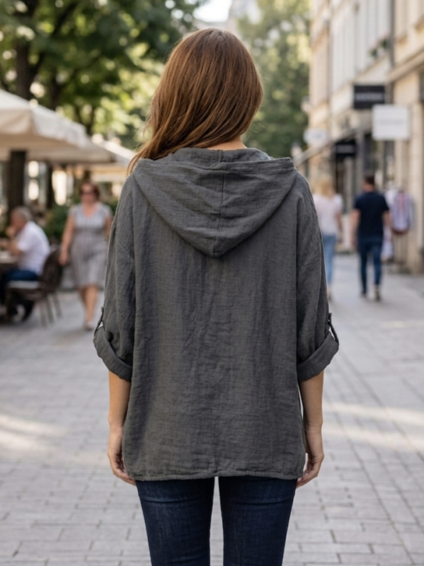 Linen tunic graphite color  with hood and lace | Up to 2XL | Unique Fashion