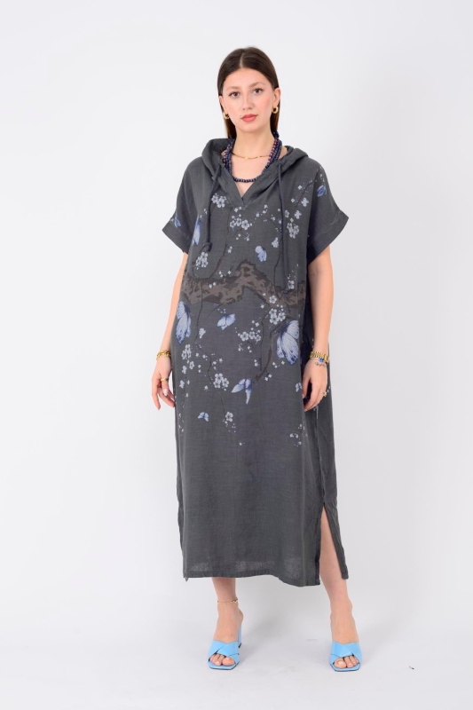 Linen Dress with Hood and Butterflies - 3 Colors | Unique Fashion Online