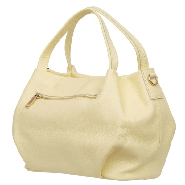 Back view of the yellow Italian leather bag, showing a convenient and practical outer pocket with a horizontal metal zipper.