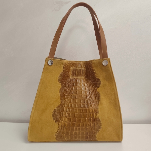 Elegant mustard-colored handbag made of genuine leather and suede
