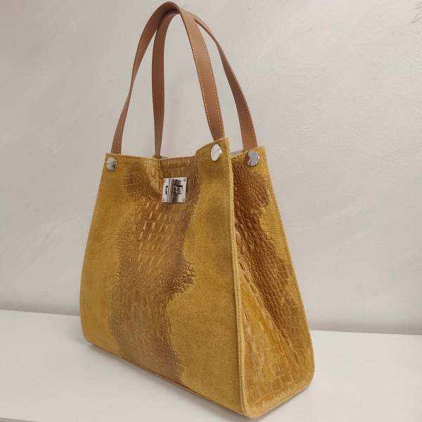 Elegant mustard-colored handbag made of genuine leather and suede