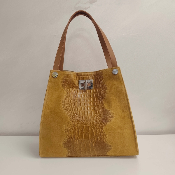 Elegant mustard-colored handbag made of genuine leather and suede