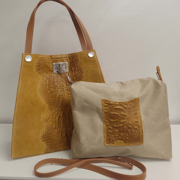 Italian mustard-colored bag with detachable toiletry bag and adjustable handle