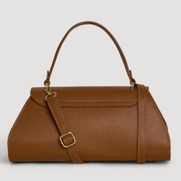 Back of a brown Italian genuine leather bag with a gold-tone clasp and an attached adjustable shoulder strap