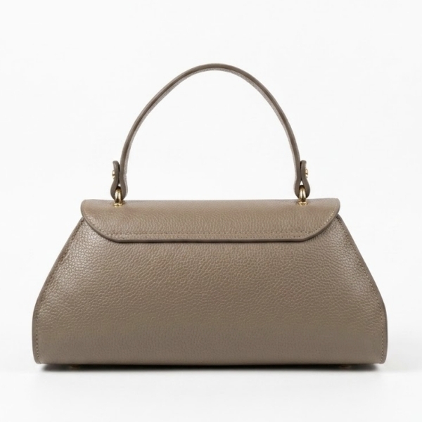Back of the Siena bag in taupe Vera Pelle genuine leather, showcasing the grainy texture.