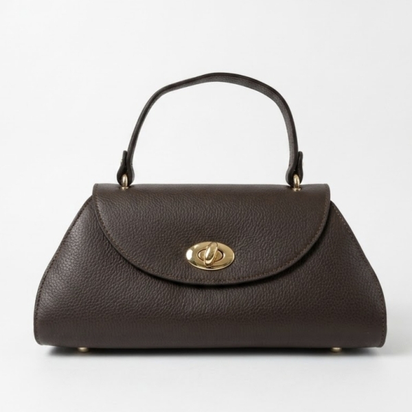 Classic front view of the Italian Siena handbag in chocolate-colored genuine leather with gold hardware.