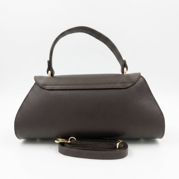 Back of the dark brown Siena leather bag, showing the fine grain texture and adjustable shoulder strap.