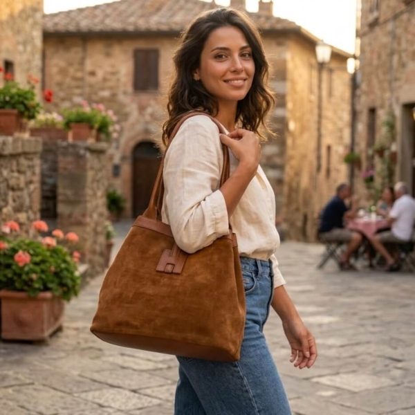 elegant brown handbag made of natural suede