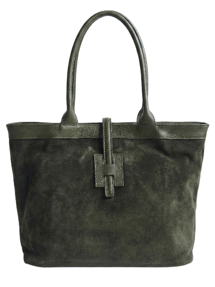 Large Italian handbag made of natural suede and leather in khaki color, presented in a classic shopper shape.