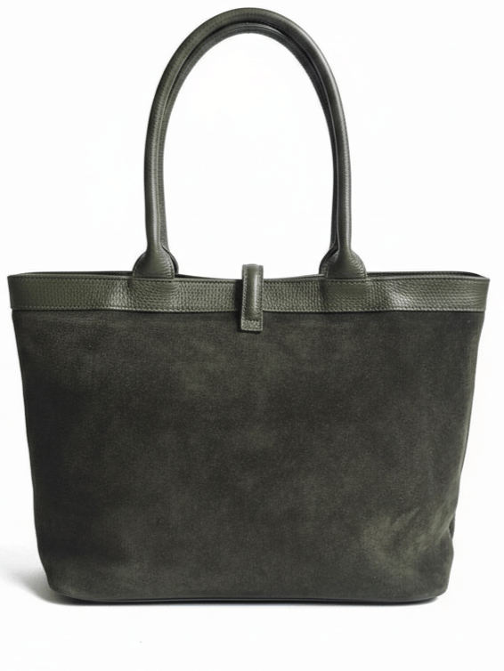 This is the back of a comfortable khaki handbag, showing off the clean design and leather shoulder handles.