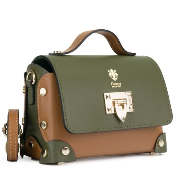 "Two-tone leather bag, khaki and brown, with gold eyelets, side view, luxury bag"
