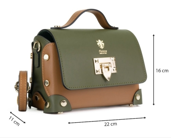 "Dimensions of a two-tone elegant leather bag with free shipping"