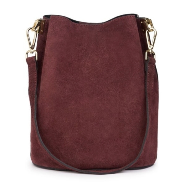 Front view of a large wine-red genuine leather shoulder bag with gold-tone snap hooks.
