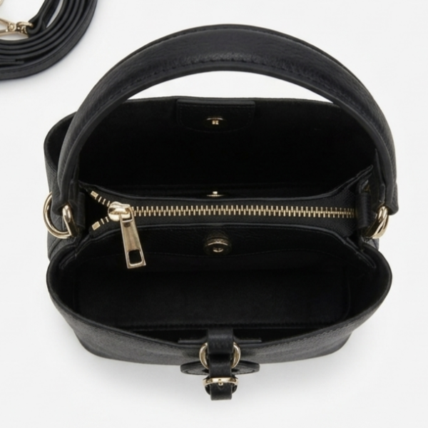 Interior layout of a three-compartment suede handbag