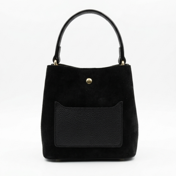 Women's genuine suede handbag with an external leather pocket.