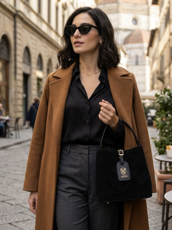 An elegant look with a black suede Unique Fashion bag.